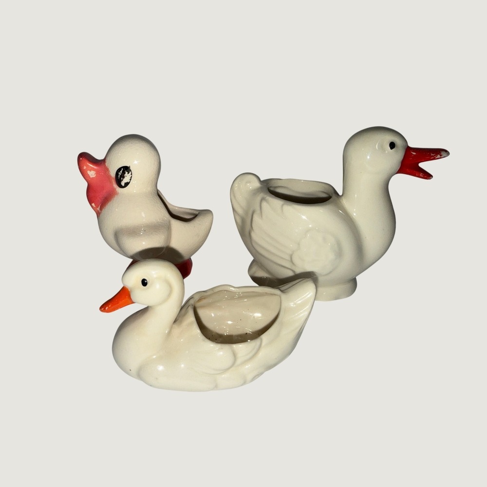 Vintage Ceramic Duck Swan Planter Figurine Set of 3 Cream Mid Century Decor